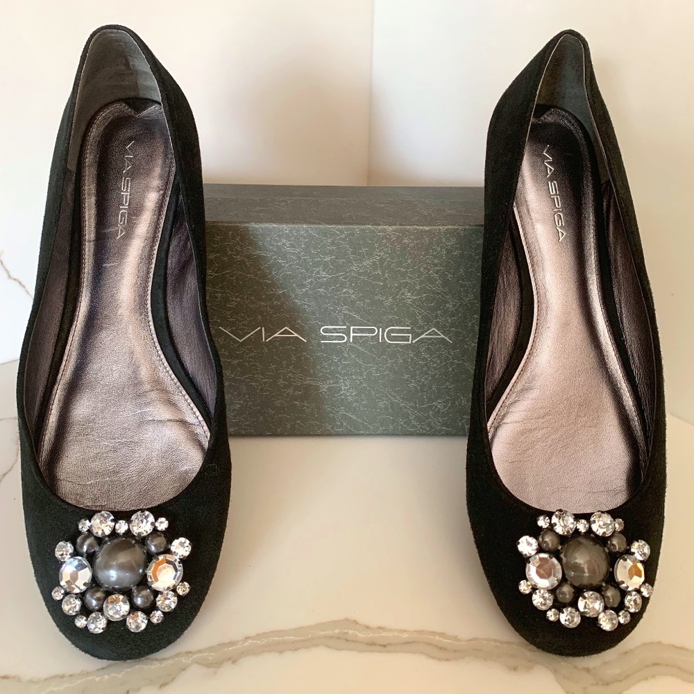 Via Spiga Rhinestone Embellished Ballerina Black Suede Flat (ECU)